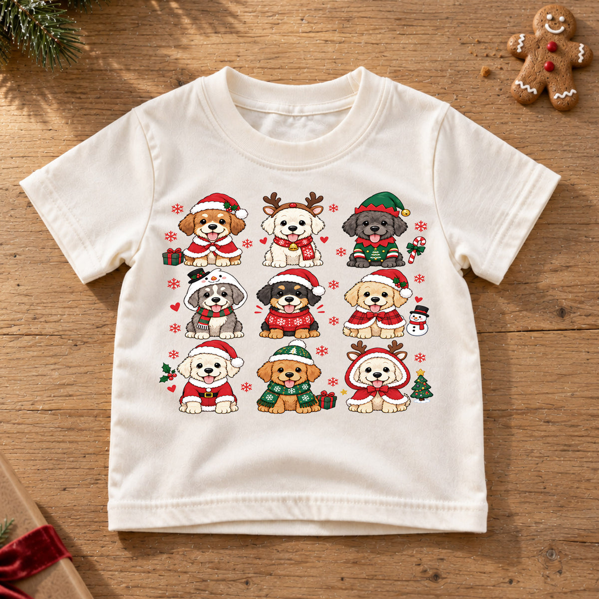 Vintage Christmas Stamps Grid Shirt, Retro Holiday Postage Tee, Cute Winter Icons Kids Top, Gift Festive Winter Outfit for Boys Girls — product view 6