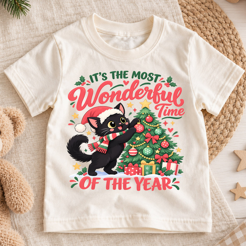 Black Cat Christmas Kids T-Shirt, Most Wonderful Time of the Year Shirt, Cute Cat Decorating Tree, Festive Holiday Gift — product view 1