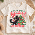 Black Cat Christmas Kids T-Shirt, Most Wonderful Time of the Year Shirt, Cute Cat Decorating Tree, Festive Holiday Gift — product view 1
