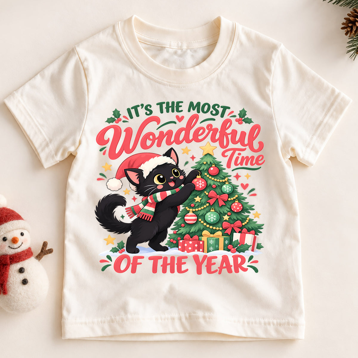 Black Cat Christmas Kids T-Shirt, Most Wonderful Time of the Year Shirt, Cute Cat Decorating Tree, Festive Holiday Gift — product view 2