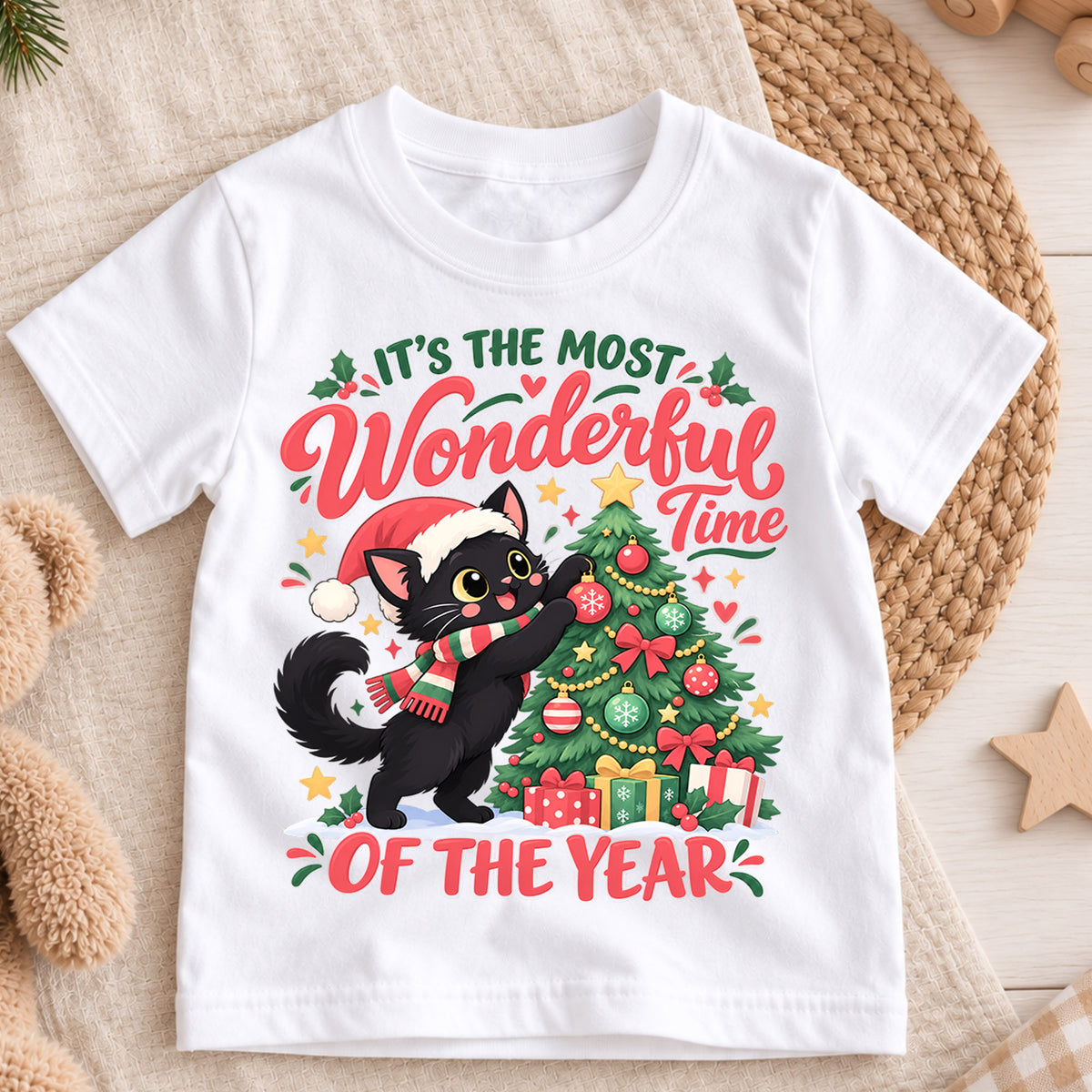 Black Cat Christmas Kids T-Shirt, Most Wonderful Time of the Year Shirt, Cute Cat Decorating Tree, Festive Holiday Gift — product view 3