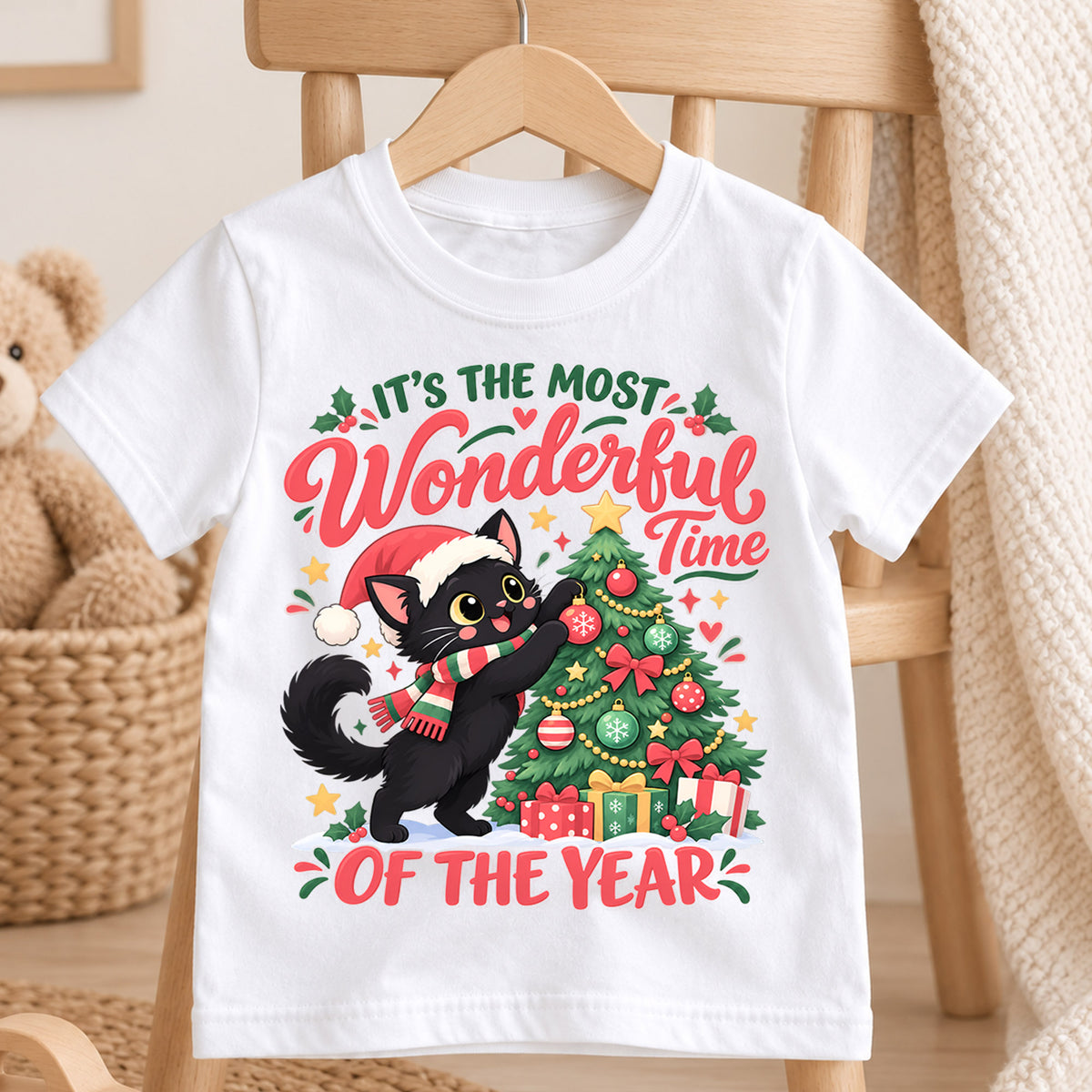 Black Cat Christmas Kids T-Shirt, Most Wonderful Time of the Year Shirt, Cute Cat Decorating Tree, Festive Holiday Gift — product view 4