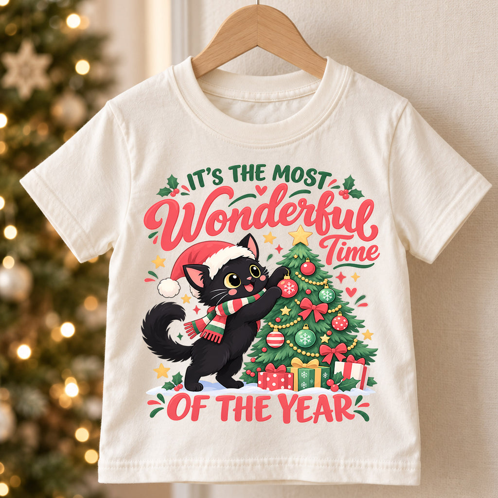 Black Cat Christmas Kids T-Shirt, Most Wonderful Time of the Year Shirt, Cute Cat Decorating Tree, Festive Holiday Gift — product view 5