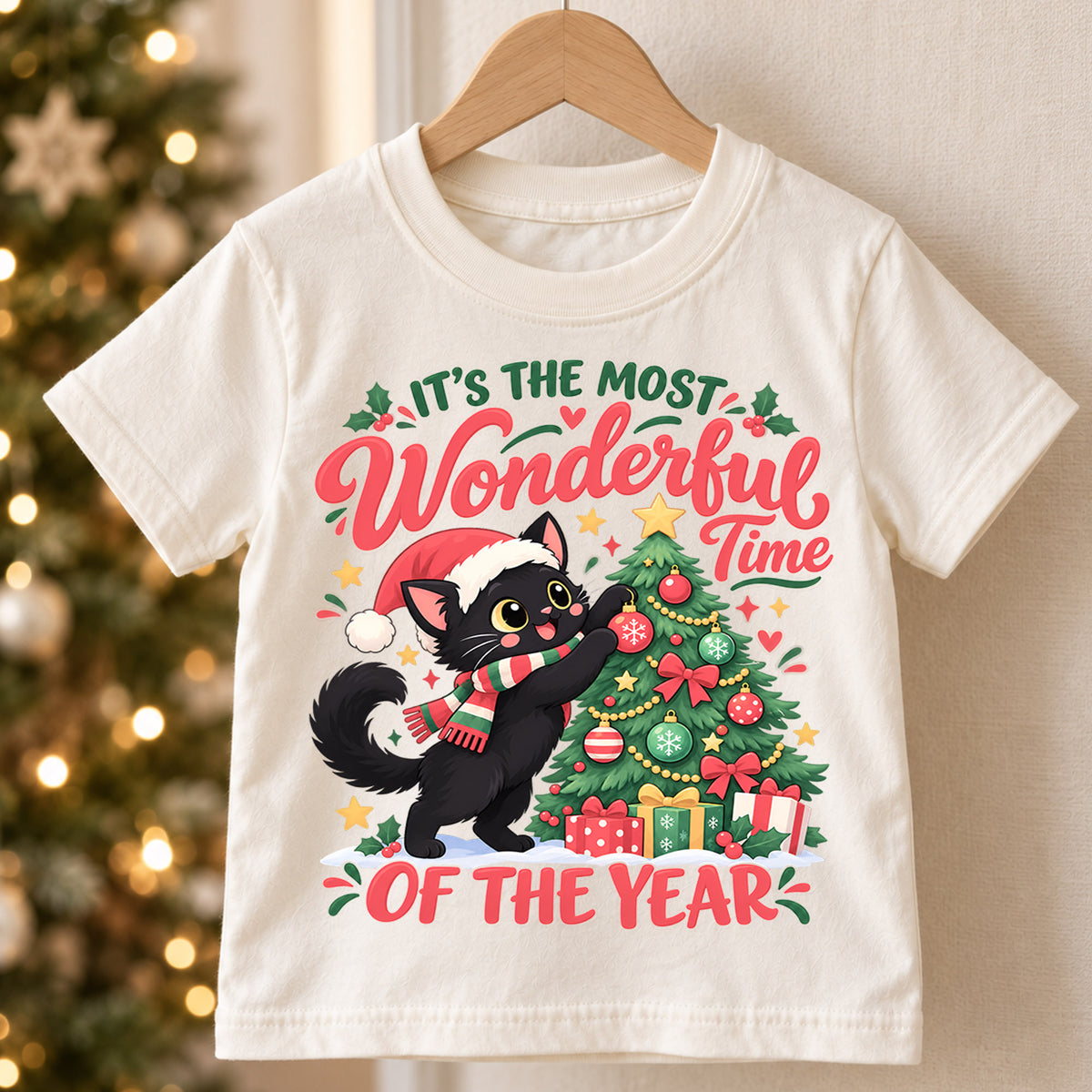 Black Cat Christmas Kids T-Shirt, Most Wonderful Time of the Year Shirt, Cute Cat Decorating Tree, Festive Holiday Gift — product view 5