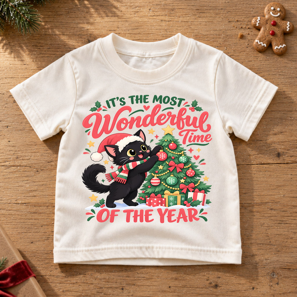 Black Cat Christmas Kids T-Shirt, Most Wonderful Time of the Year Shirt, Cute Cat Decorating Tree, Festive Holiday Gift — product view 6