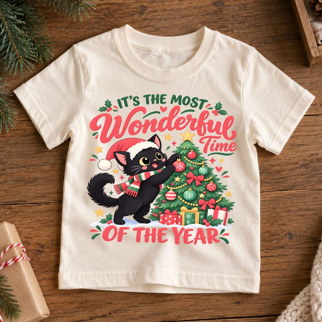 Black Cat Christmas Kids T-Shirt, Most Wonderful Time of the Year Shirt, Cute Cat Decorating Tree, Festive Holiday Gift — product view 7