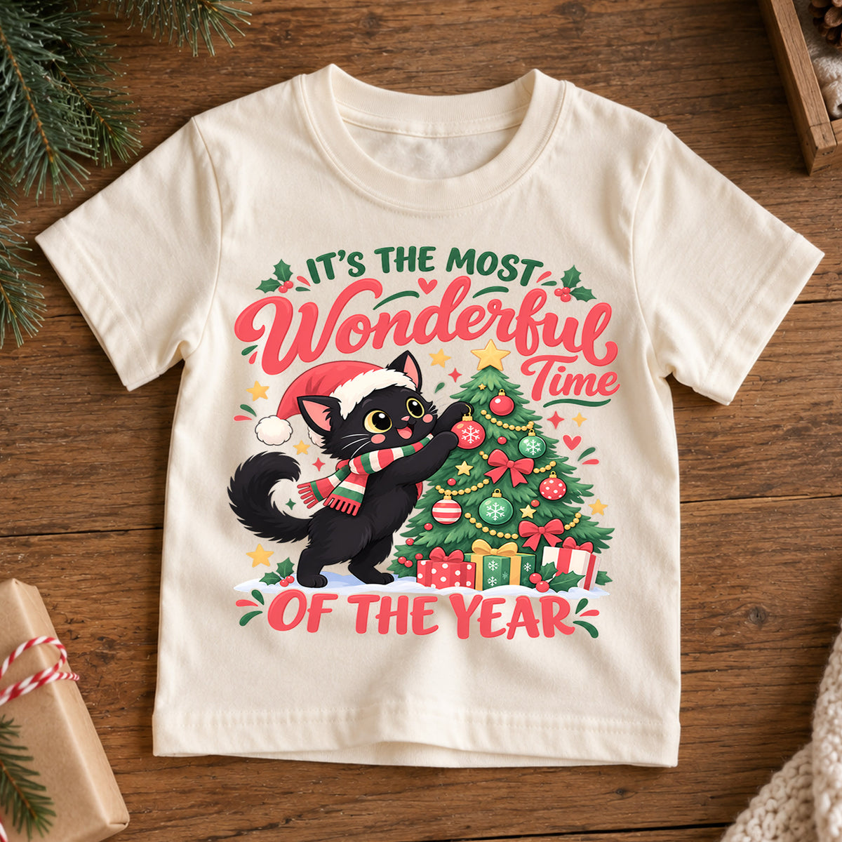 Black Cat Christmas Kids T-Shirt, Most Wonderful Time of the Year Shirt, Cute Cat Decorating Tree, Festive Holiday Gift — product view 7