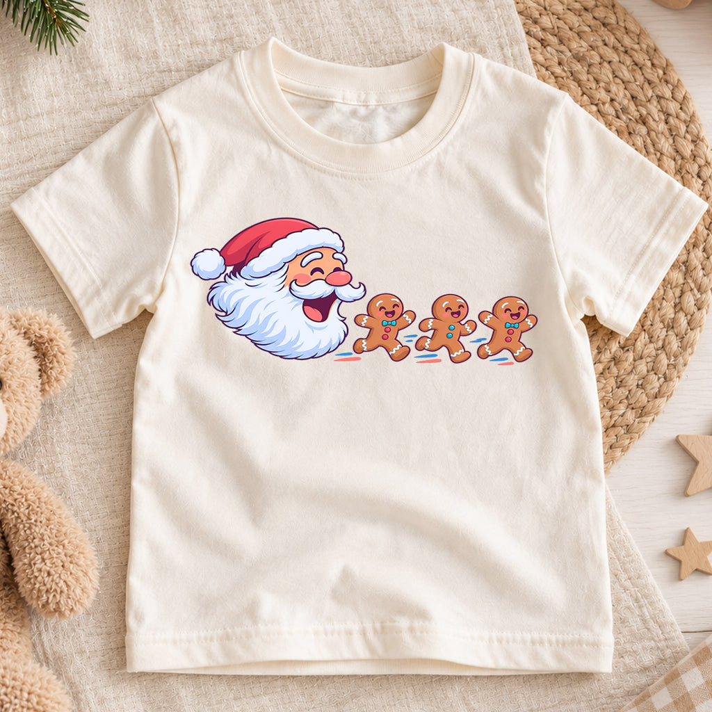 Santa Claus And Gingerbread Men Christmas Shirt, Cute Holiday Baking Kids Tee, Festive Xmas Outfit, Winter Gift for Boys Girls, Holiday Party — product view 1