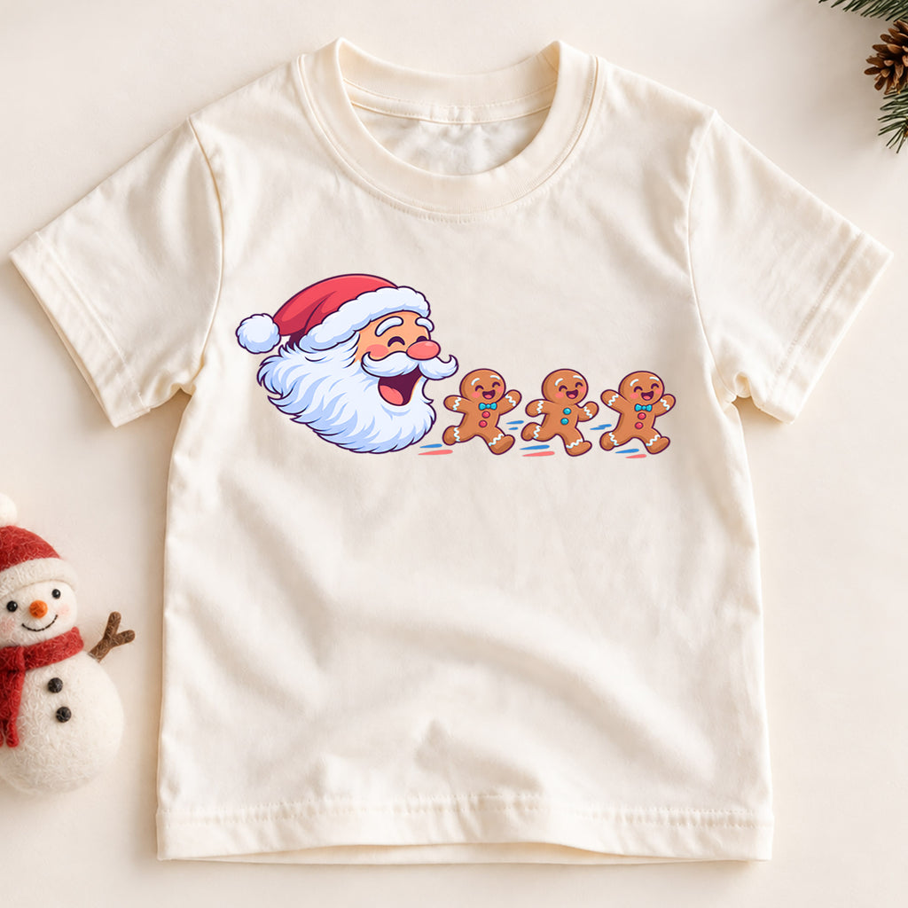 Santa Claus And Gingerbread Men Christmas Shirt, Cute Holiday Baking Kids Tee, Festive Xmas Outfit, Winter Gift for Boys Girls, Holiday Party — product view 2