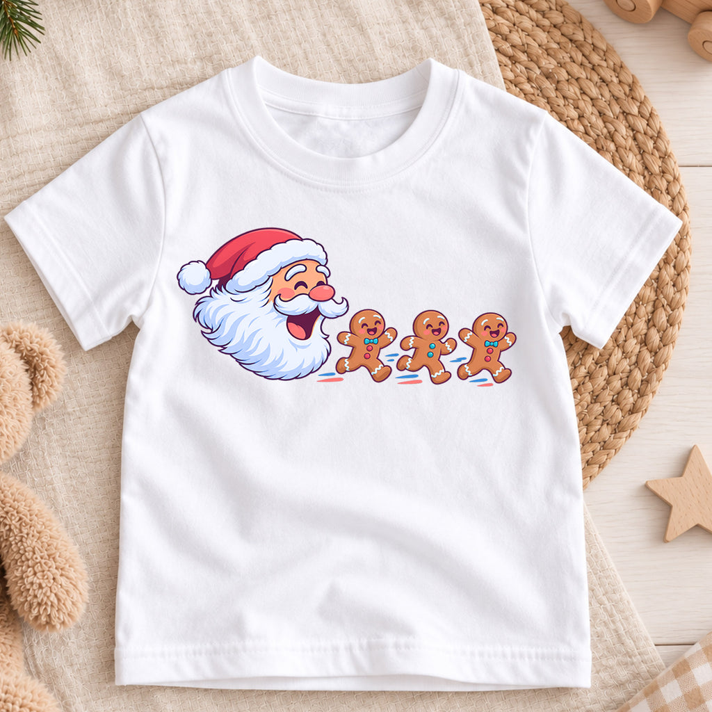 Santa Claus And Gingerbread Men Christmas Shirt, Cute Holiday Baking Kids Tee, Festive Xmas Outfit, Winter Gift for Boys Girls, Holiday Party — product view 3
