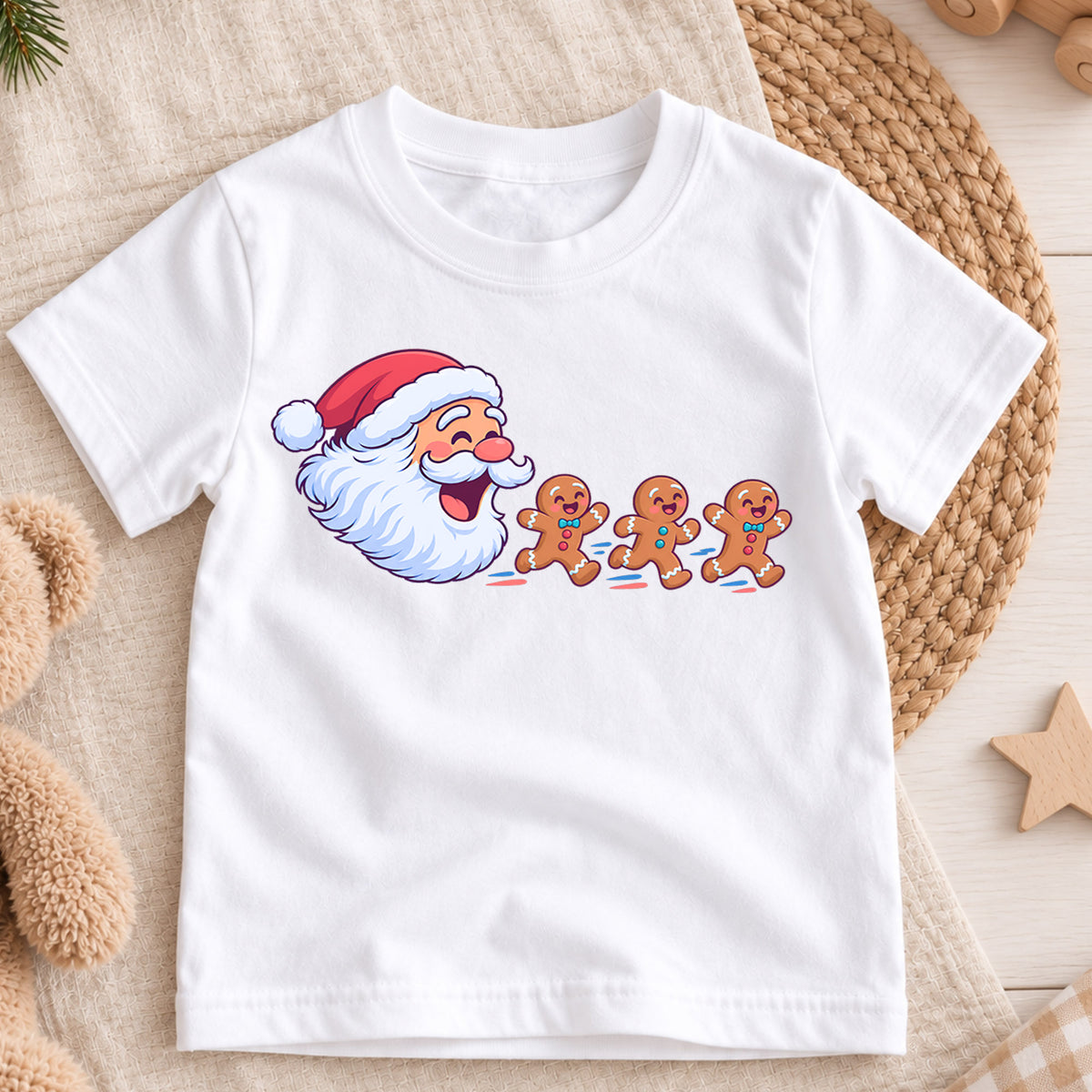 Santa Claus And Gingerbread Men Christmas Shirt, Cute Holiday Baking Kids Tee, Festive Xmas Outfit, Winter Gift for Boys Girls, Holiday Party — product view 3