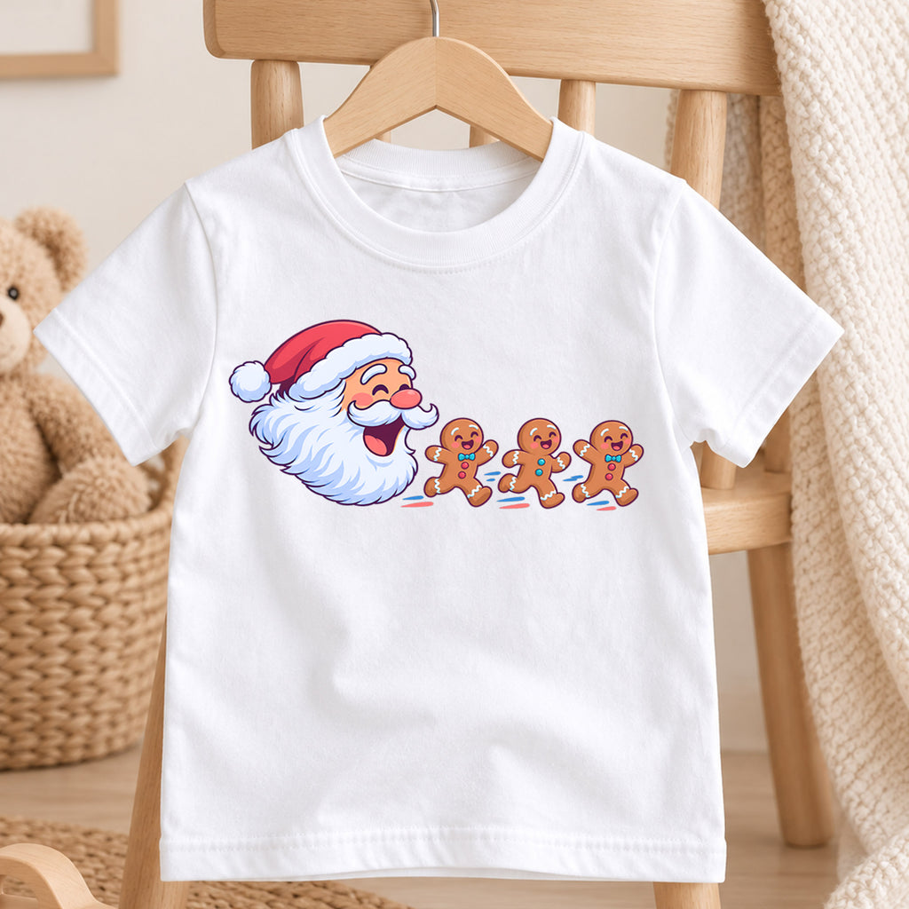 Santa Claus And Gingerbread Men Christmas Shirt, Cute Holiday Baking Kids Tee, Festive Xmas Outfit, Winter Gift for Boys Girls, Holiday Party — product view 4