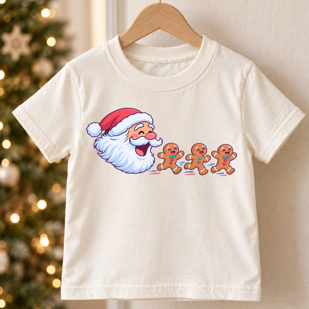 Santa Claus And Gingerbread Men Christmas Shirt, Cute Holiday Baking Kids Tee, Festive Xmas Outfit, Winter Gift for Boys Girls, Holiday Party — product view 5