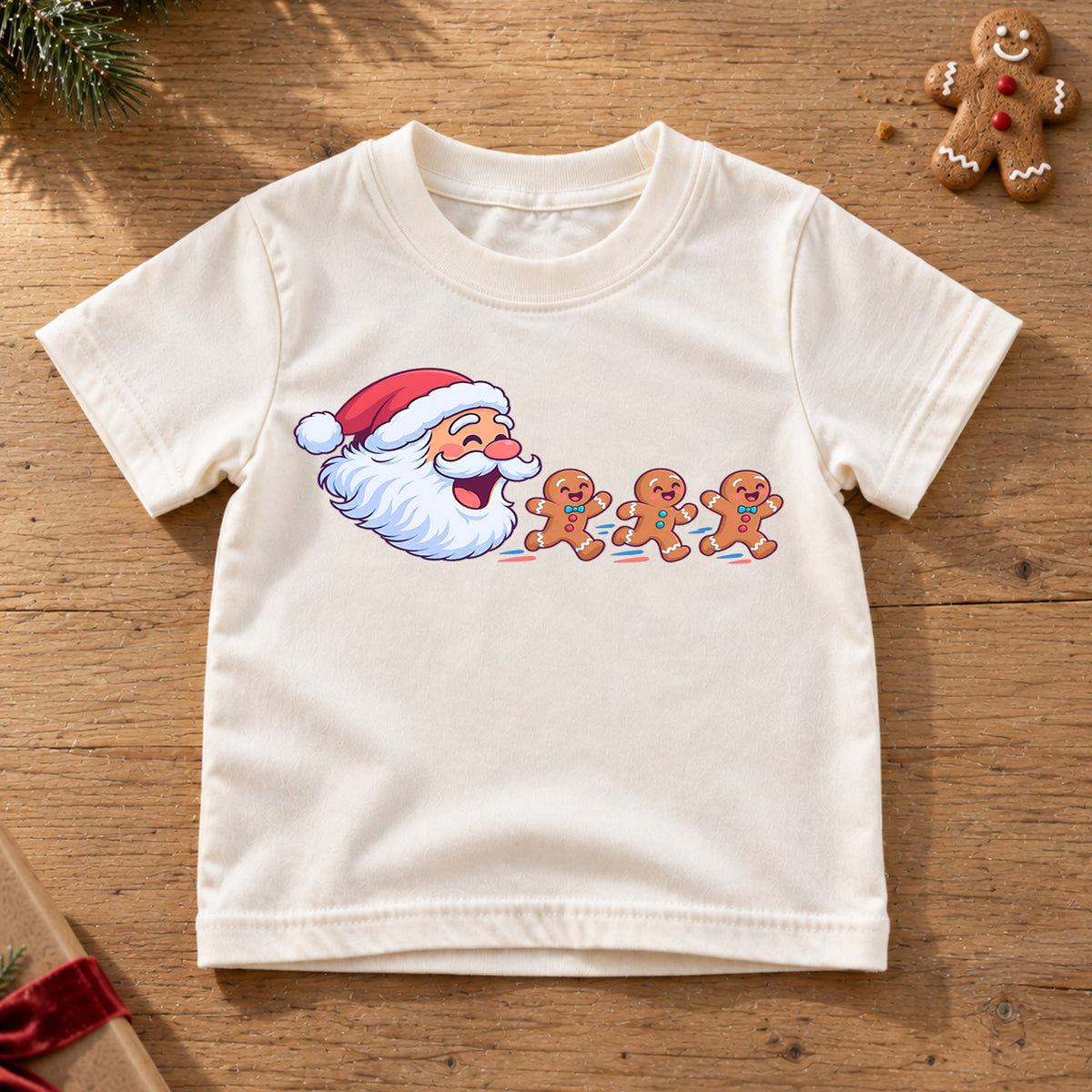 Santa Claus And Gingerbread Men Christmas Shirt, Cute Holiday Baking Kids Tee, Festive Xmas Outfit, Winter Gift for Boys Girls, Holiday Party — product view 6
