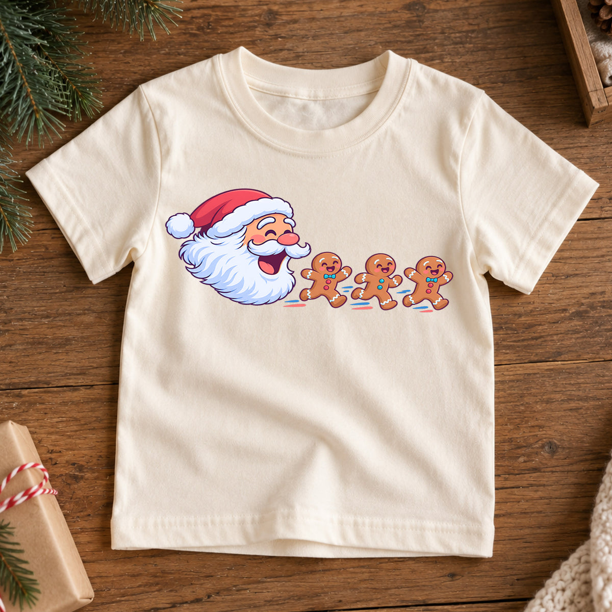 Santa Claus And Gingerbread Men Christmas Shirt, Cute Holiday Baking Kids Tee, Festive Xmas Outfit, Winter Gift for Boys Girls, Holiday Party — product view 7