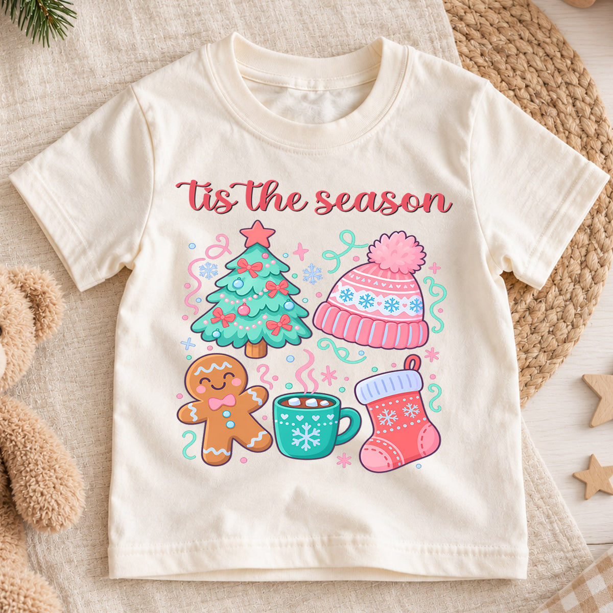 Tis The Season Pastel Christmas Shirt, Cute Holiday Icons Toddler Tee, Festive Winter Top, Gift Festive Winter Outfit for Boys Girls — product view 1