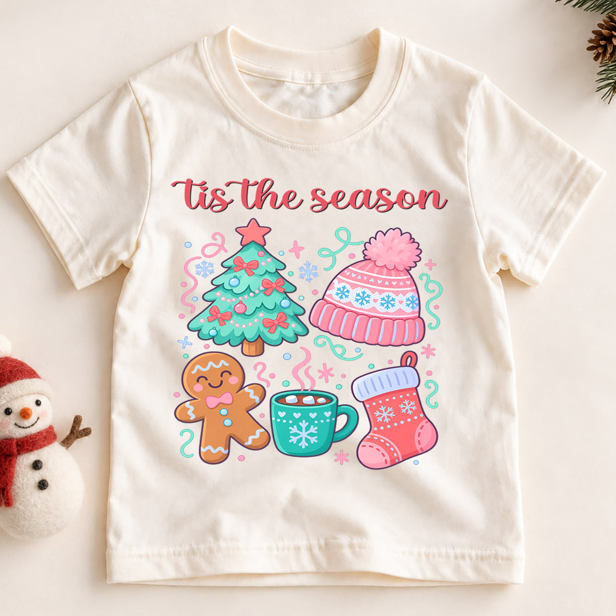Tis The Season Pastel Christmas Shirt, Cute Holiday Icons Toddler Tee, Festive Winter Top, Gift Festive Winter Outfit for Boys Girls — product view 2