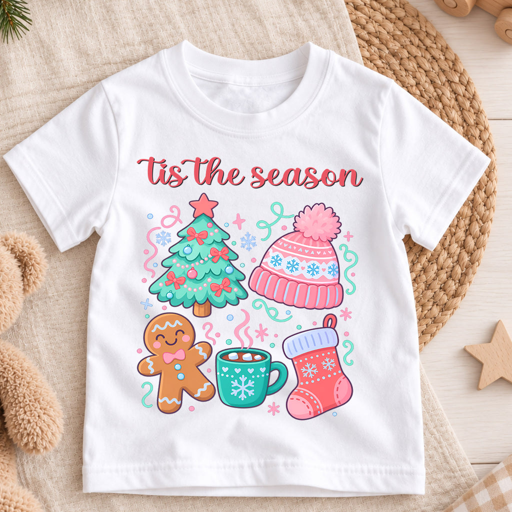 Tis The Season Pastel Christmas Shirt, Cute Holiday Icons Toddler Tee, Festive Winter Top, Gift Festive Winter Outfit for Boys Girls — product view 3