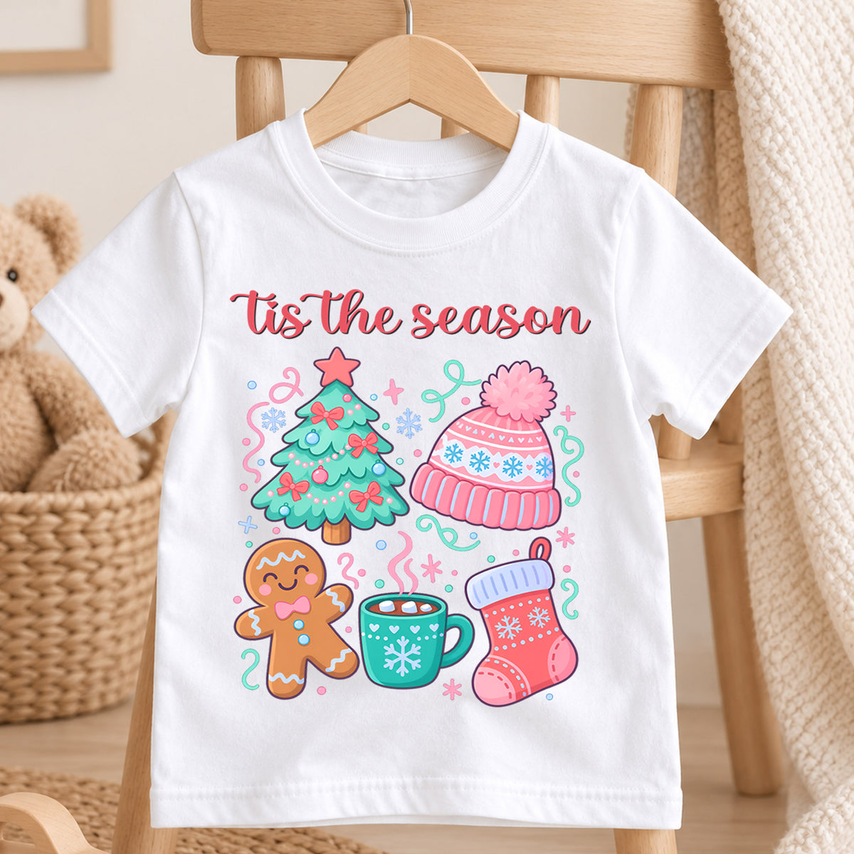 Tis The Season Pastel Christmas Shirt, Cute Holiday Icons Toddler Tee, Festive Winter Top, Gift Festive Winter Outfit for Boys Girls — product view 4