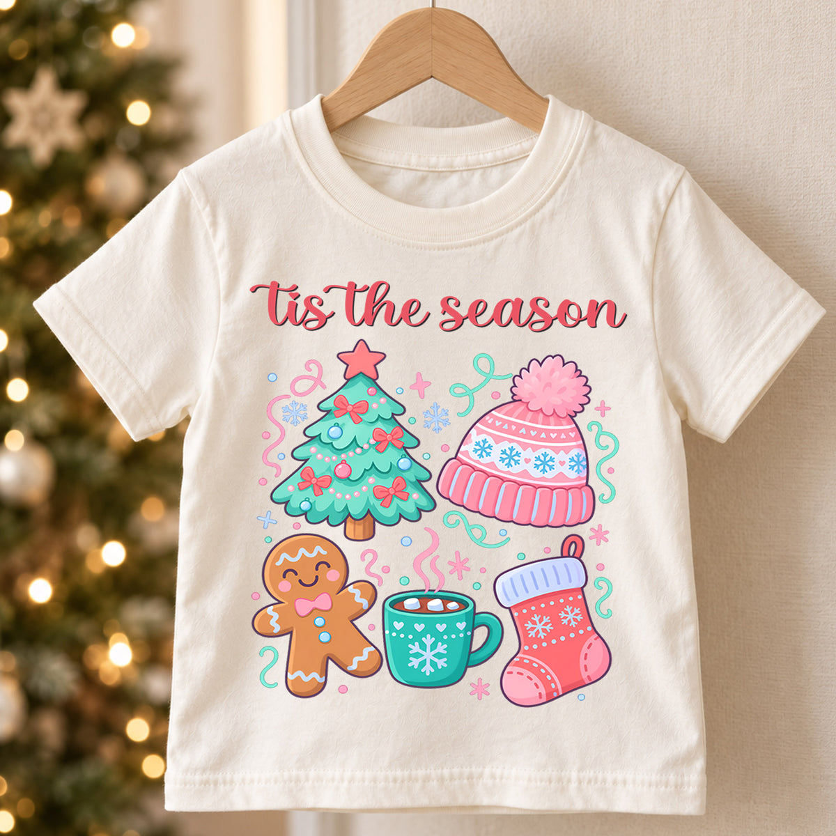 Tis The Season Pastel Christmas Shirt, Cute Holiday Icons Toddler Tee, Festive Winter Top, Gift Festive Winter Outfit for Boys Girls — product view 5