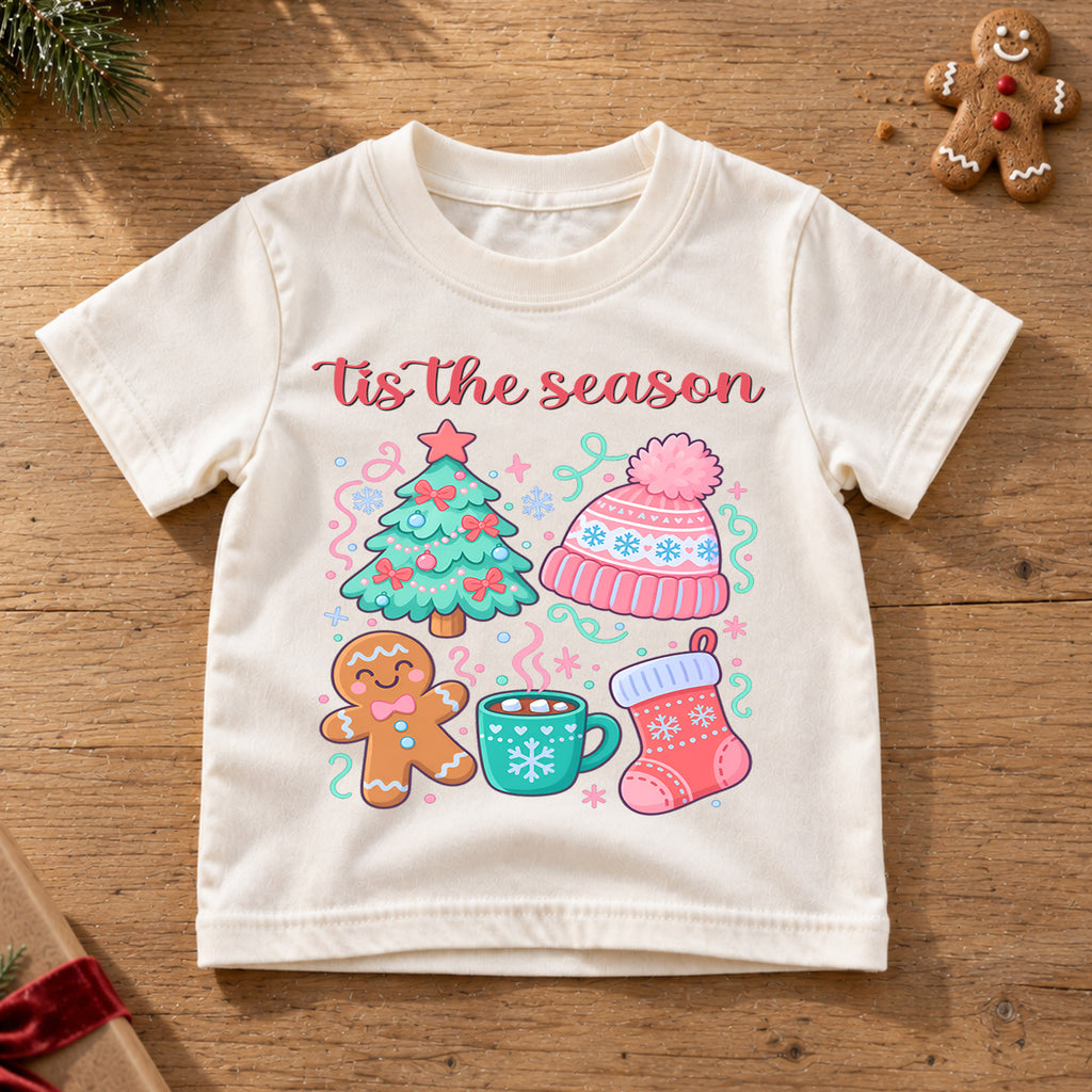 Tis The Season Pastel Christmas Shirt, Cute Holiday Icons Toddler Tee, Festive Winter Top, Gift Festive Winter Outfit for Boys Girls — product view 6