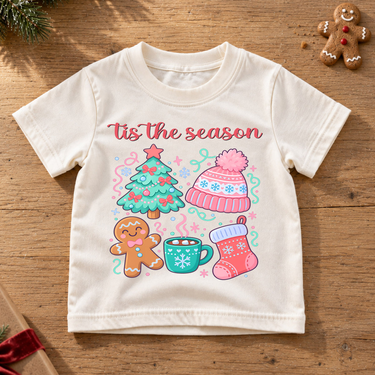 Tis The Season Pastel Christmas Shirt, Cute Holiday Icons Toddler Tee, Festive Winter Top, Gift Festive Winter Outfit for Boys Girls — product view 6