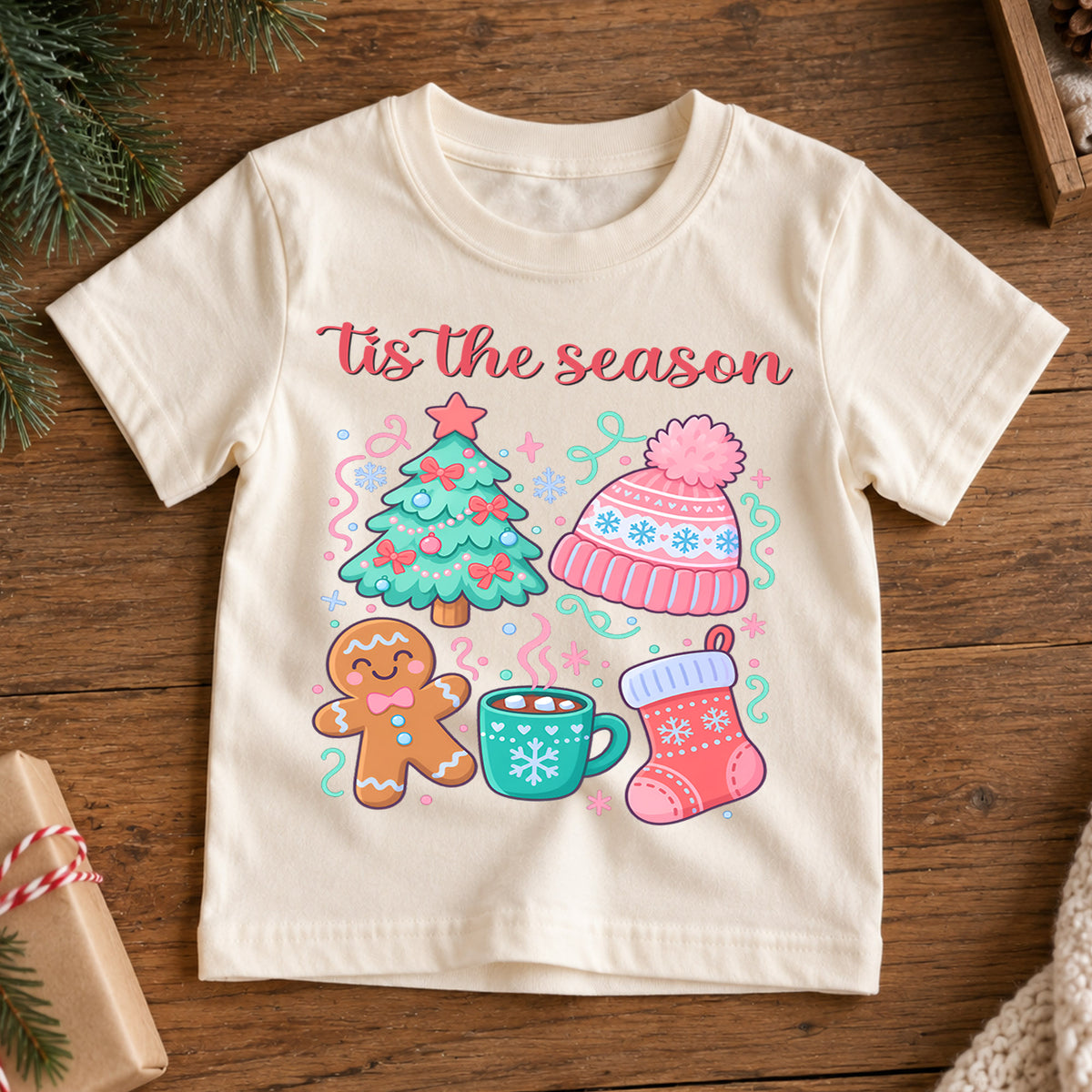 Tis The Season Pastel Christmas Shirt, Cute Holiday Icons Toddler Tee, Festive Winter Top, Gift Festive Winter Outfit for Boys Girls — product view 7