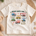 Christian Christmas Trucks Shirt, Jesus Says I Am Bible Verse Tee, Festive Faith Kids Top, Gift Festive Winter Outfit for Boys Girls — product view 1