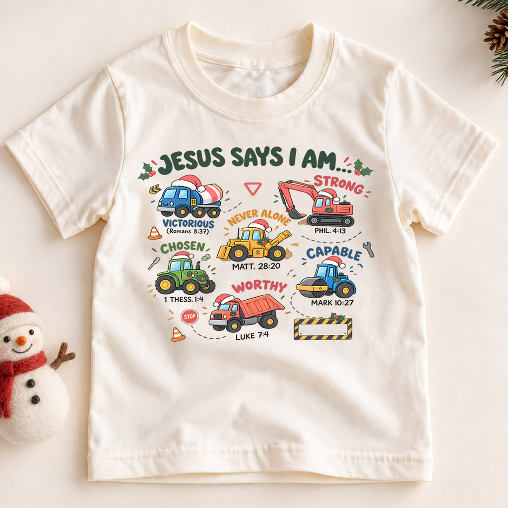 Christian Christmas Trucks Shirt, Jesus Says I Am Bible Verse Tee, Festive Faith Kids Top, Gift Festive Winter Outfit for Boys Girls — product view 2