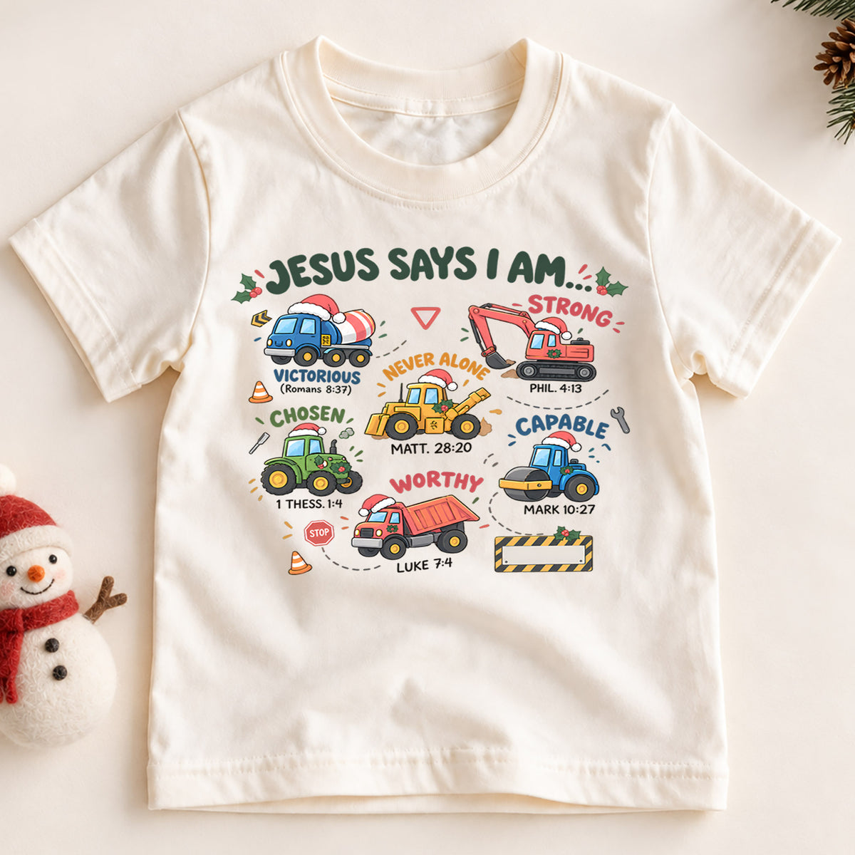Christian Christmas Trucks Shirt, Jesus Says I Am Bible Verse Tee, Festive Faith Kids Top, Gift Festive Winter Outfit for Boys Girls — product view 2