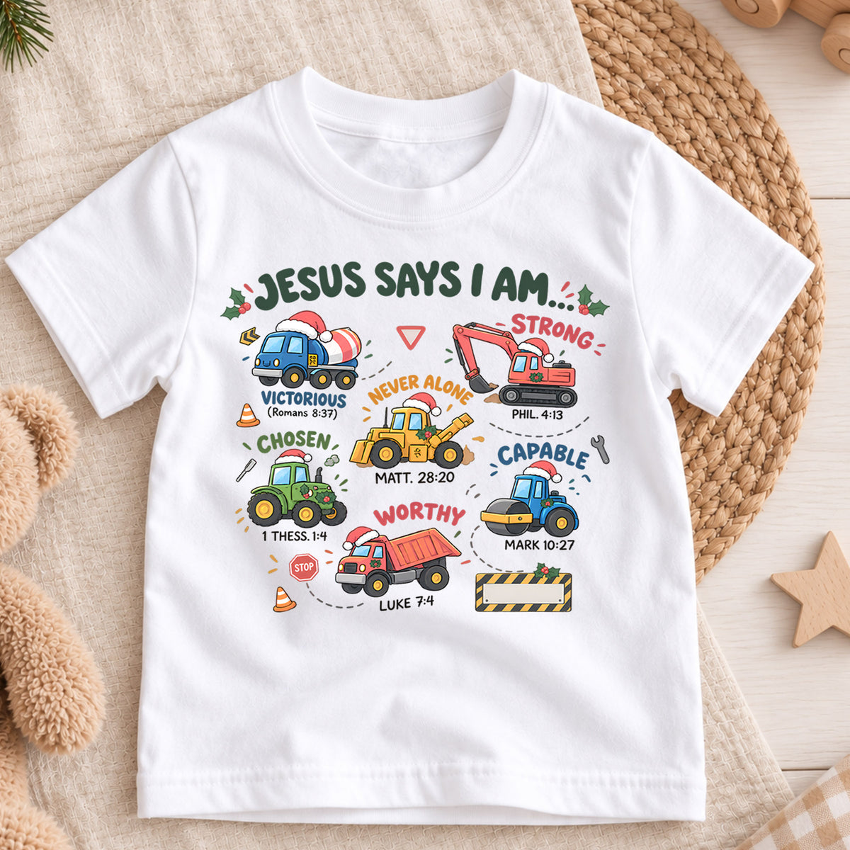 Christian Christmas Trucks Shirt, Jesus Says I Am Bible Verse Tee, Festive Faith Kids Top, Gift Festive Winter Outfit for Boys Girls — product view 3