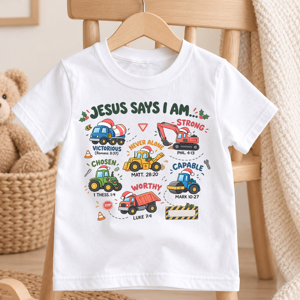 Christian Christmas Trucks Shirt, Jesus Says I Am Bible Verse Tee, Festive Faith Kids Top, Gift Festive Winter Outfit for Boys Girls — product view 4