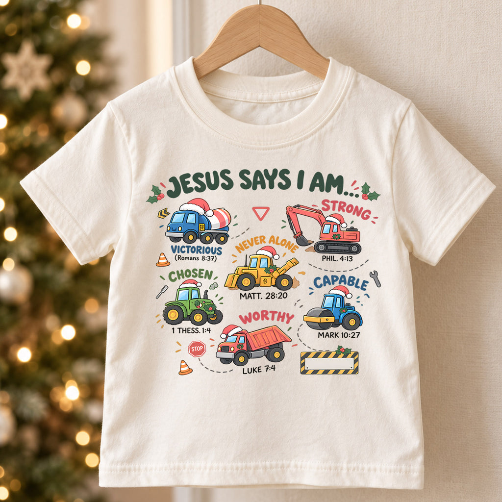 Christian Christmas Trucks Shirt, Jesus Says I Am Bible Verse Tee, Festive Faith Kids Top, Gift Festive Winter Outfit for Boys Girls — product view 5