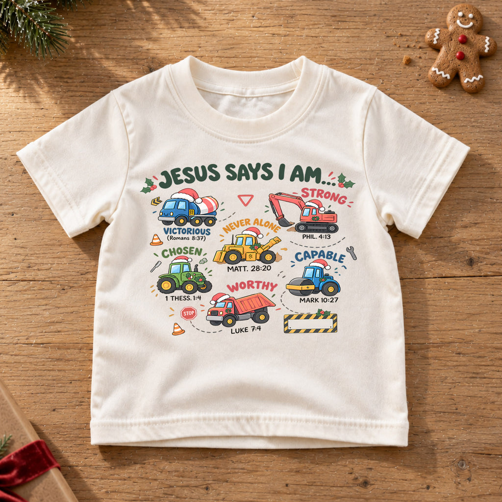 Christian Christmas Trucks Shirt, Jesus Says I Am Bible Verse Tee, Festive Faith Kids Top, Gift Festive Winter Outfit for Boys Girls — product view 6