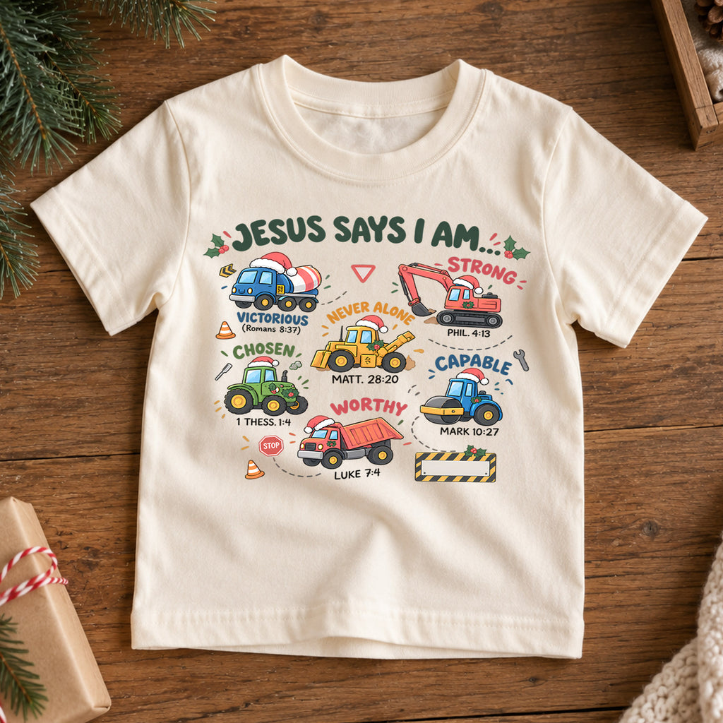 Christian Christmas Trucks Shirt, Jesus Says I Am Bible Verse Tee, Festive Faith Kids Top, Gift Festive Winter Outfit for Boys Girls — product view 7
