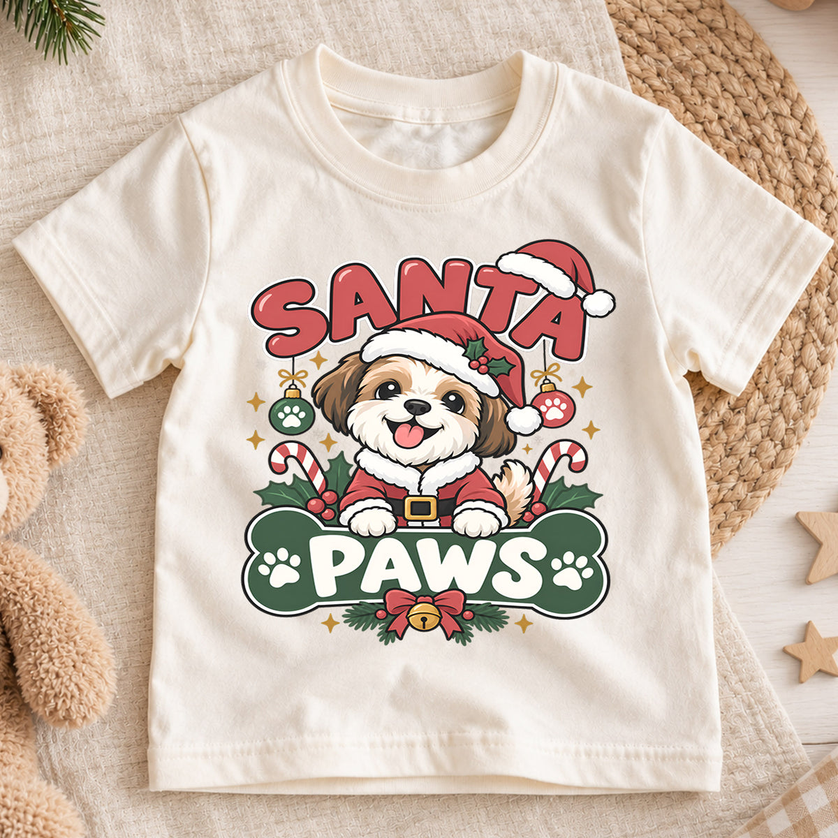 Cute Santa Paws Christmas Shirt, Dog Lover Holiday Tee, Festive Puppy Xmas Kids Top, Cute Santa Dog Christmas Outfit, Gift For Children — product view 1