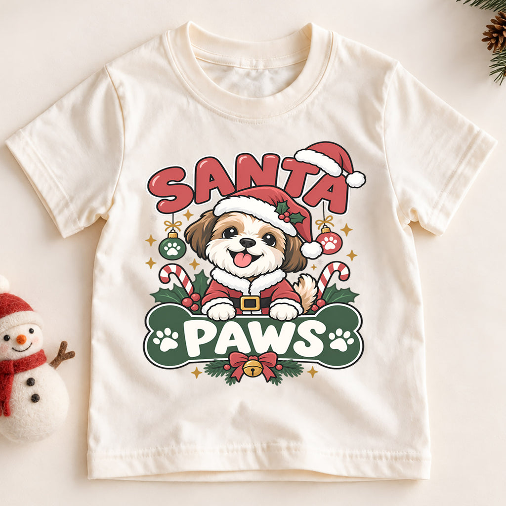Cute Santa Paws Christmas Shirt, Dog Lover Holiday Tee, Festive Puppy Xmas Kids Top, Cute Santa Dog Christmas Outfit, Gift For Children — product view 2
