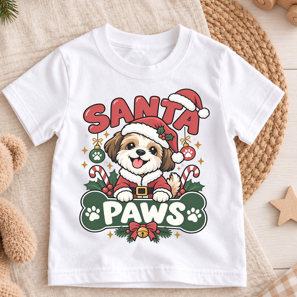 Cute Santa Paws Christmas Shirt, Dog Lover Holiday Tee, Festive Puppy Xmas Kids Top, Cute Santa Dog Christmas Outfit, Gift For Children — product view 3