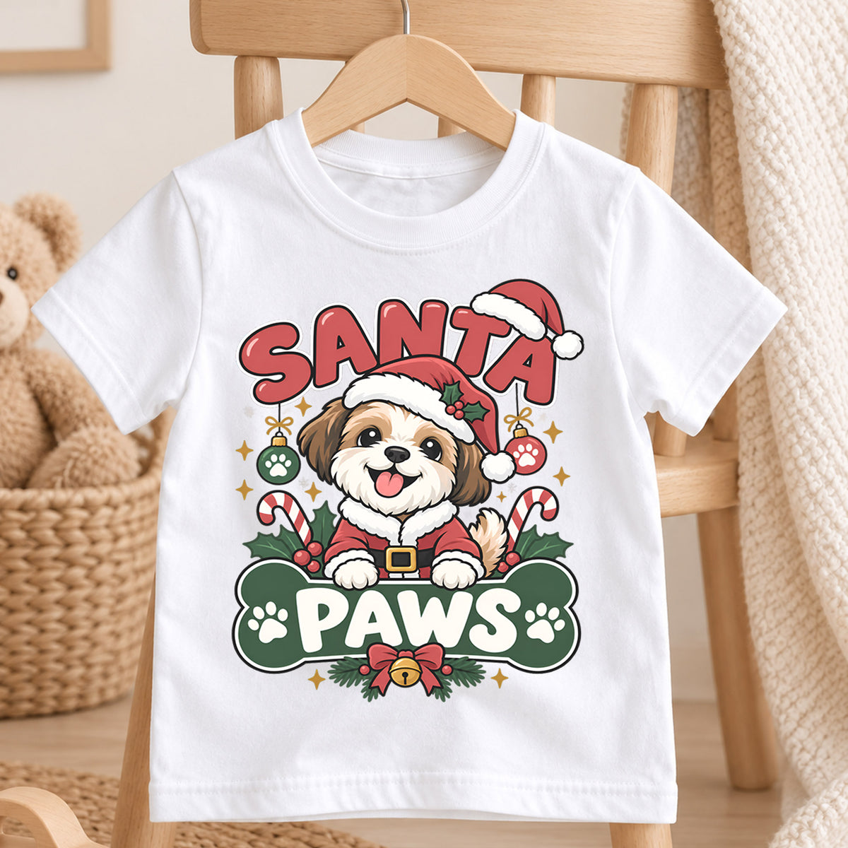 Cute Santa Paws Christmas Shirt, Dog Lover Holiday Tee, Festive Puppy Xmas Kids Top, Cute Santa Dog Christmas Outfit, Gift For Children — product view 4