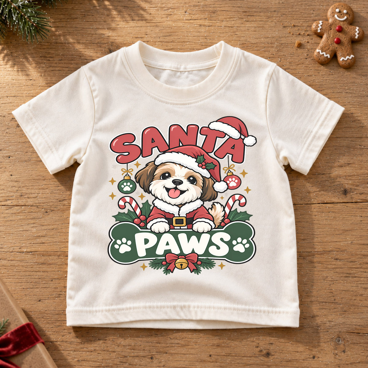 Cute Santa Paws Christmas Shirt, Dog Lover Holiday Tee, Festive Puppy Xmas Kids Top, Cute Santa Dog Christmas Outfit, Gift For Children — product view 6