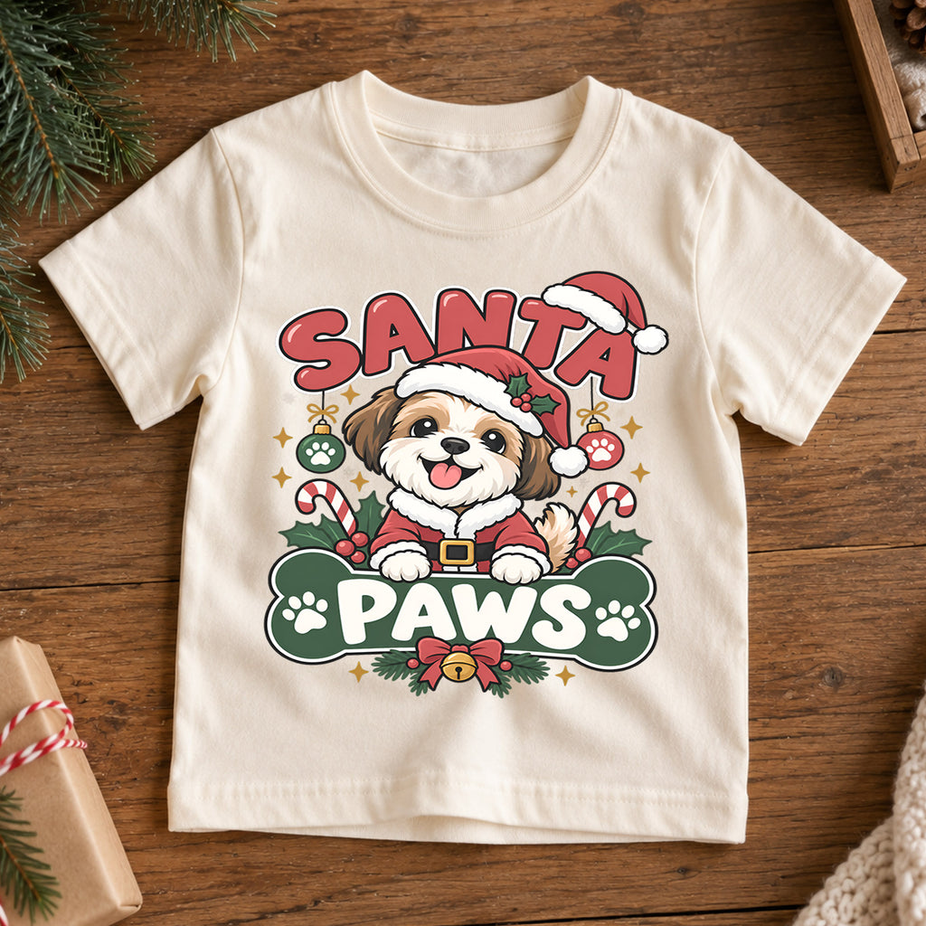 Cute Santa Paws Christmas Shirt, Dog Lover Holiday Tee, Festive Puppy Xmas Kids Top, Cute Santa Dog Christmas Outfit, Gift For Children — product view 7