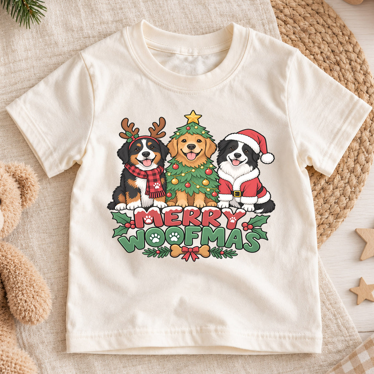Merry Woofmas Christmas Shirt, Cute Dogs Holiday Tree Tee, Festive Puppy Xmas Kids Top, Merry Christmas Dog Holiday Outfit, Gift For Kids — product view 1
