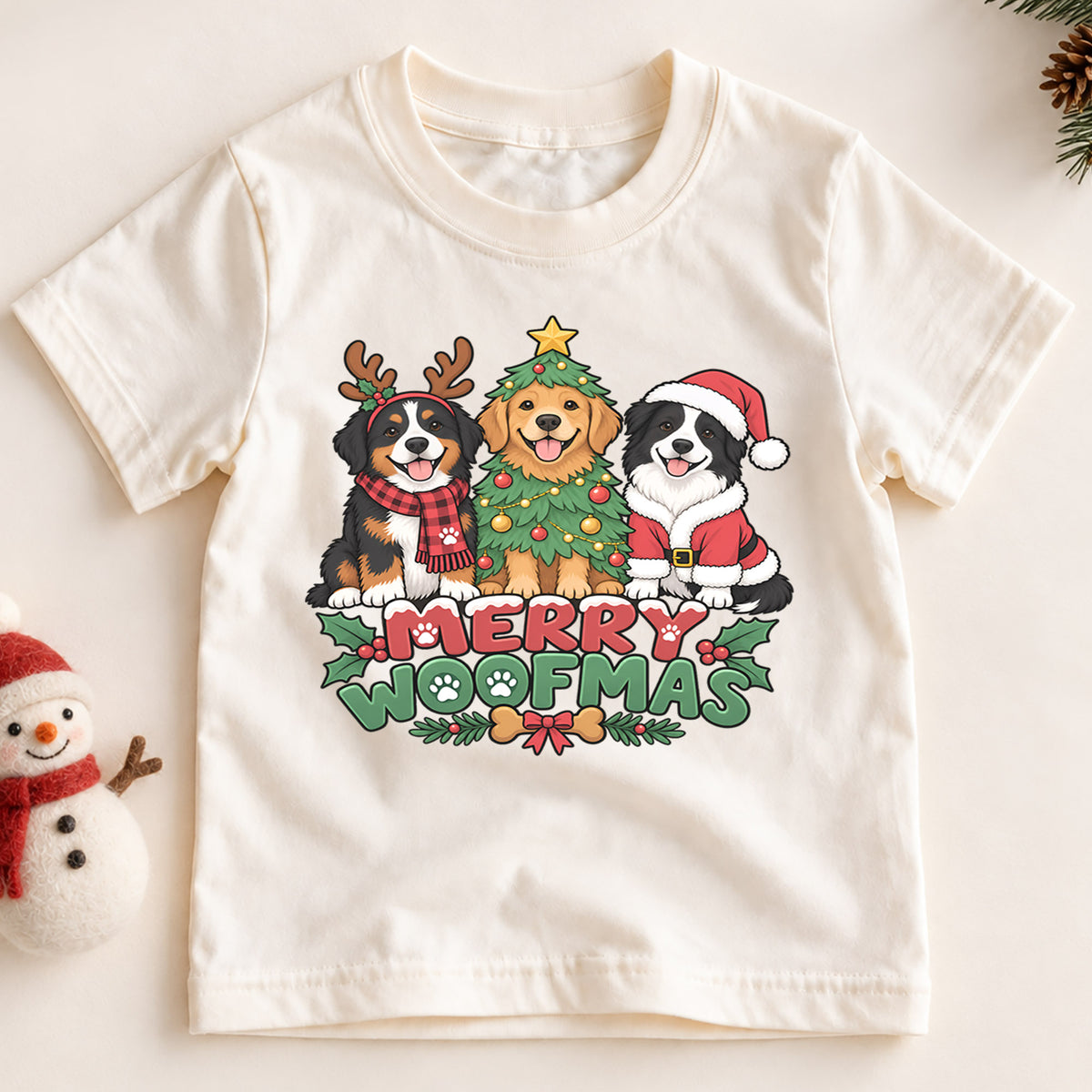 Merry Woofmas Christmas Shirt, Cute Dogs Holiday Tree Tee, Festive Puppy Xmas Kids Top, Merry Christmas Dog Holiday Outfit, Gift For Kids — product view 2