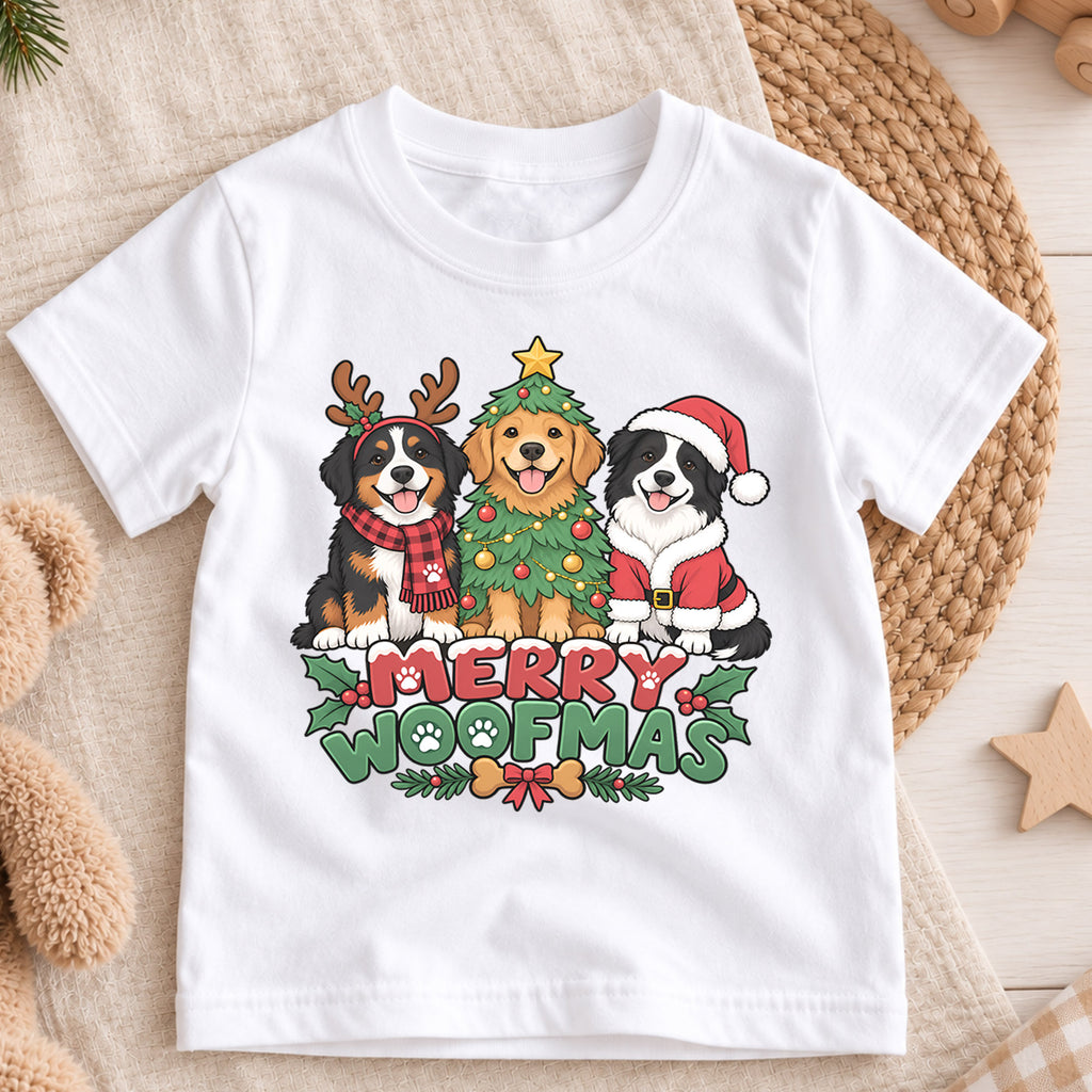 Merry Woofmas Christmas Shirt, Cute Dogs Holiday Tree Tee, Festive Puppy Xmas Kids Top, Merry Christmas Dog Holiday Outfit, Gift For Kids — product view 3