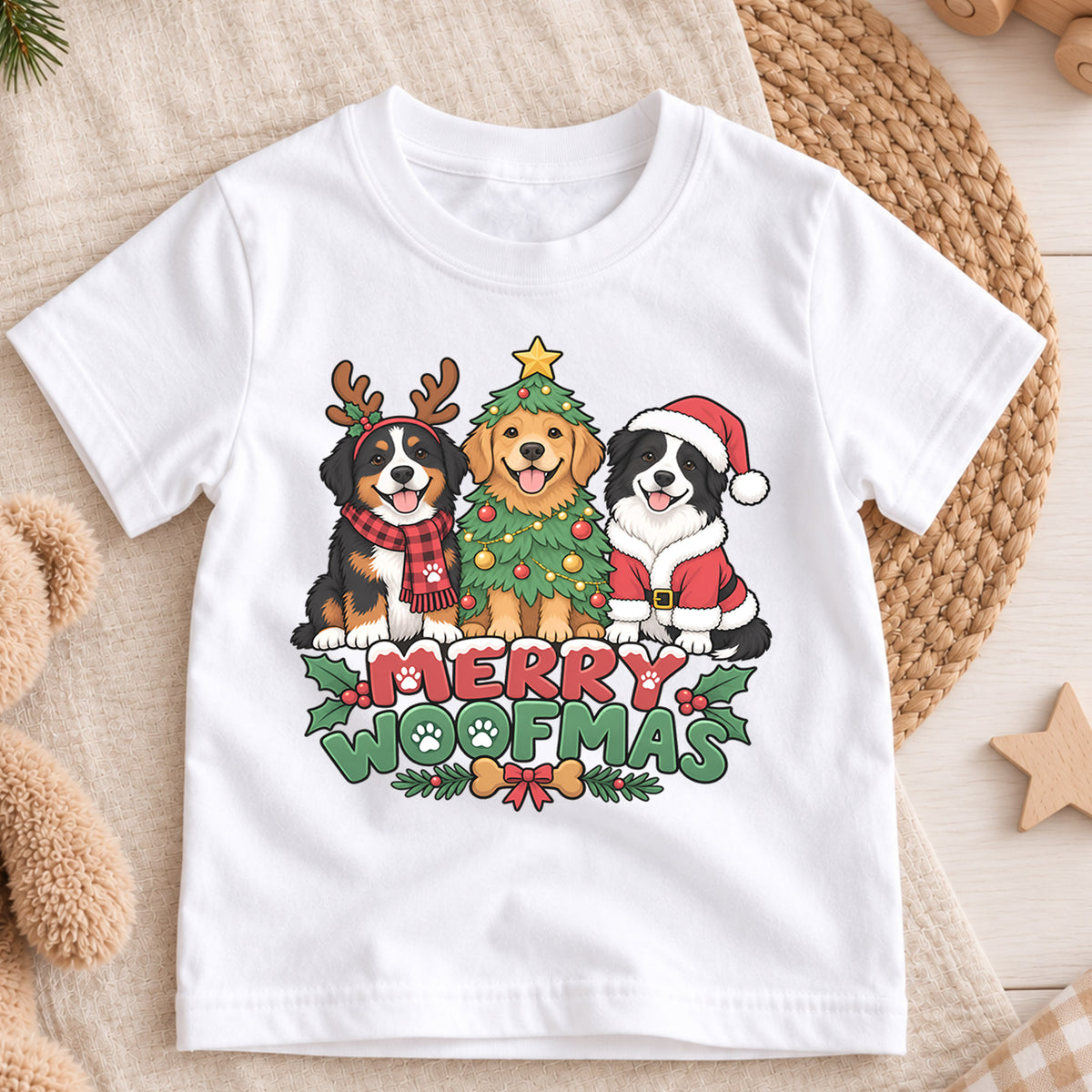 Merry Woofmas Christmas Shirt, Cute Dogs Holiday Tree Tee, Festive Puppy Xmas Kids Top, Merry Christmas Dog Holiday Outfit, Gift For Kids — product view 3