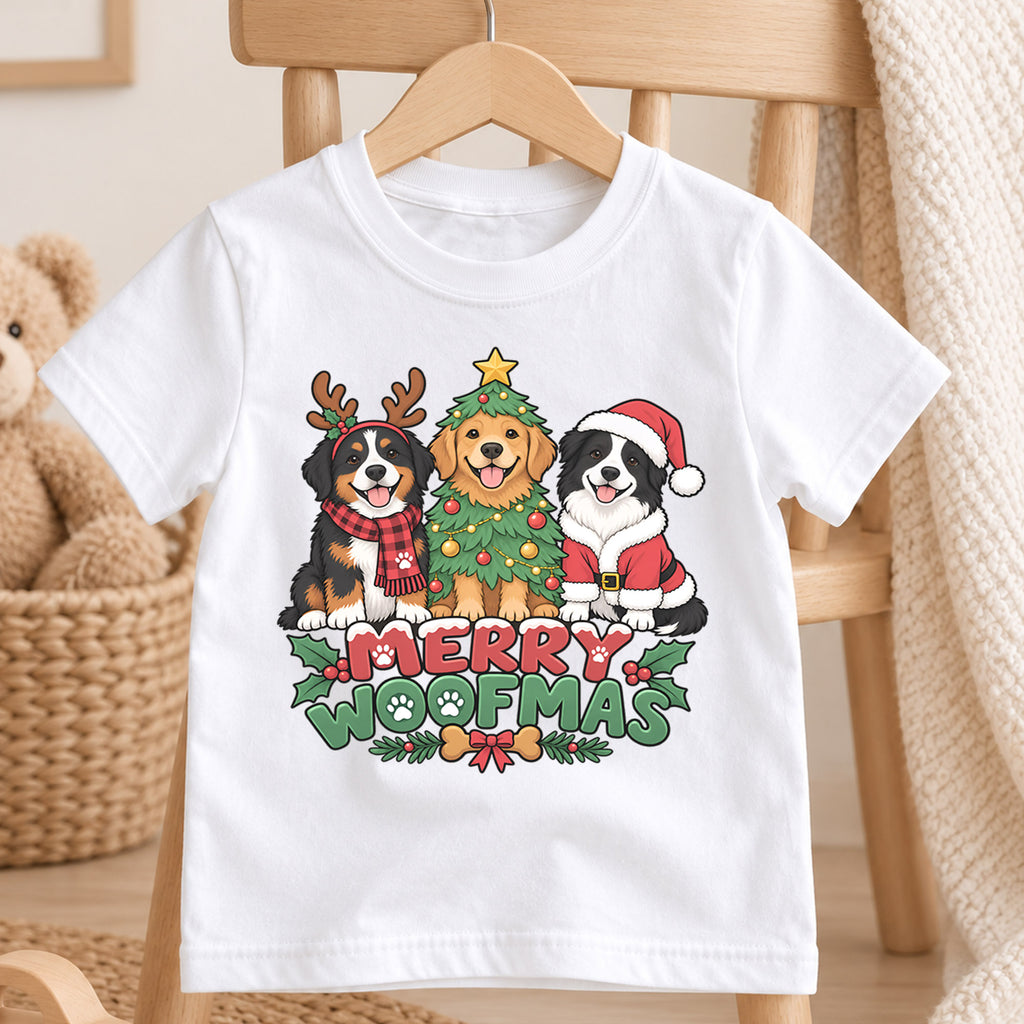 Merry Woofmas Christmas Shirt, Cute Dogs Holiday Tree Tee, Festive Puppy Xmas Kids Top, Merry Christmas Dog Holiday Outfit, Gift For Kids — product view 4