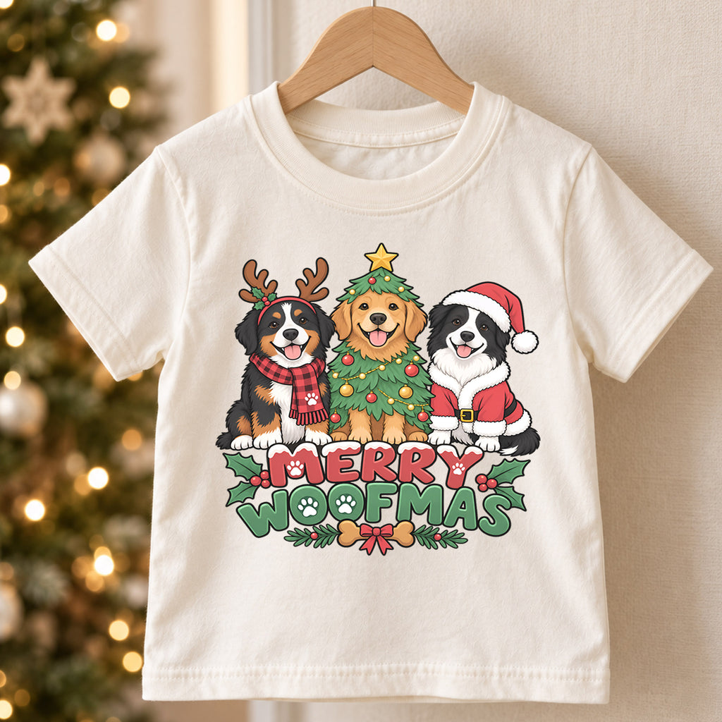 Merry Woofmas Christmas Shirt, Cute Dogs Holiday Tree Tee, Festive Puppy Xmas Kids Top, Merry Christmas Dog Holiday Outfit, Gift For Kids — product view 5