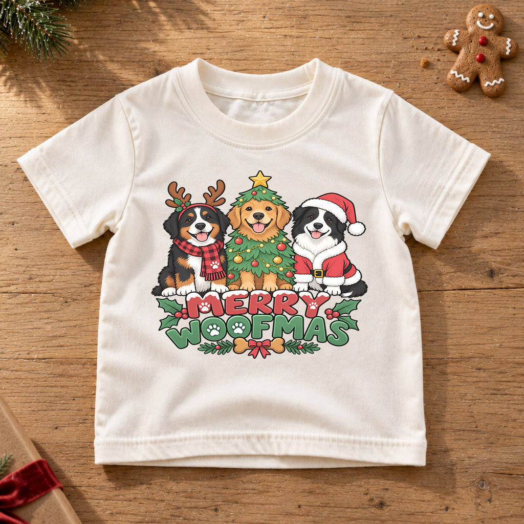 Merry Woofmas Christmas Shirt, Cute Dogs Holiday Tree Tee, Festive Puppy Xmas Kids Top, Merry Christmas Dog Holiday Outfit, Gift For Kids — product view 6