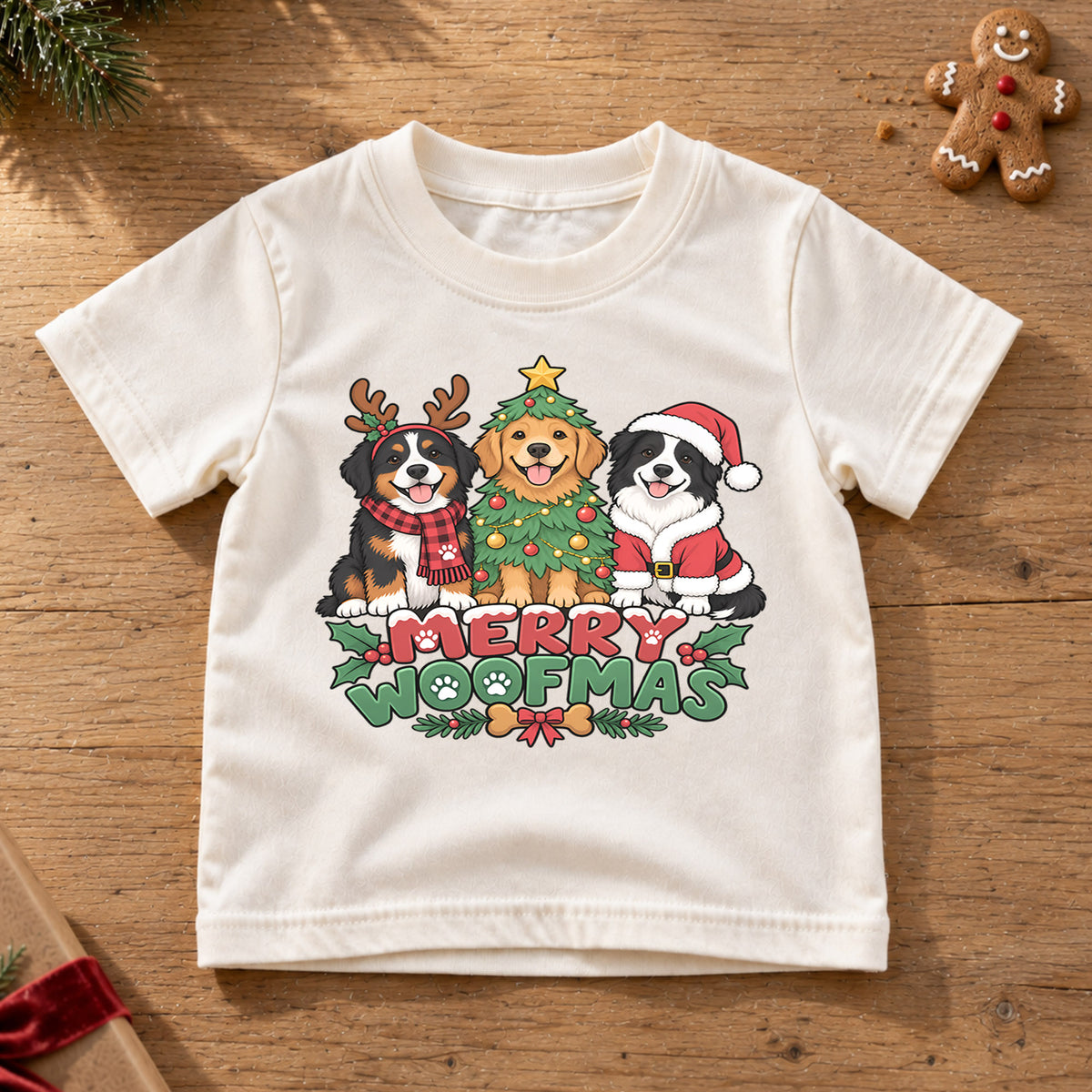 Merry Woofmas Christmas Shirt, Cute Dogs Holiday Tree Tee, Festive Puppy Xmas Kids Top, Merry Christmas Dog Holiday Outfit, Gift For Kids — product view 6