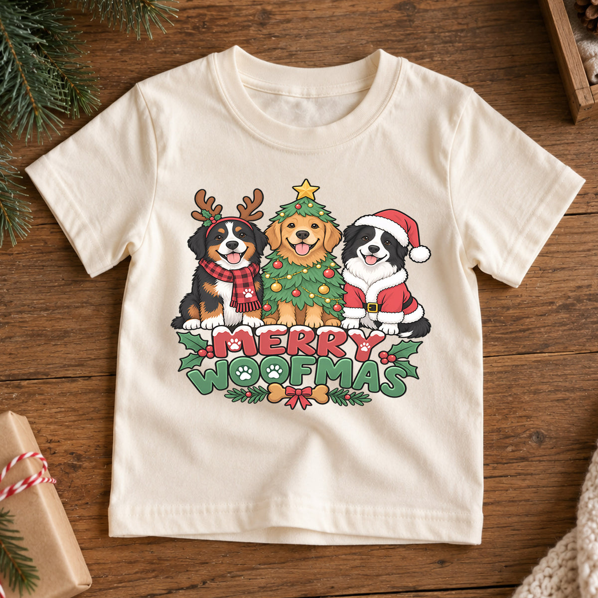 Merry Woofmas Christmas Shirt, Cute Dogs Holiday Tree Tee, Festive Puppy Xmas Kids Top, Merry Christmas Dog Holiday Outfit, Gift For Kids — product view 7